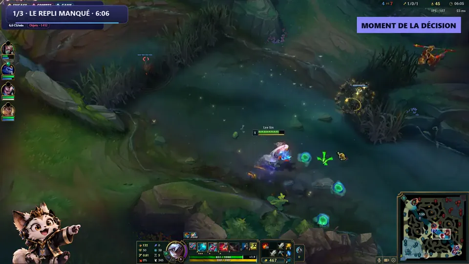 Real frame: Lee Sin in the river at 6:06, the badge “Moment de la décision”.