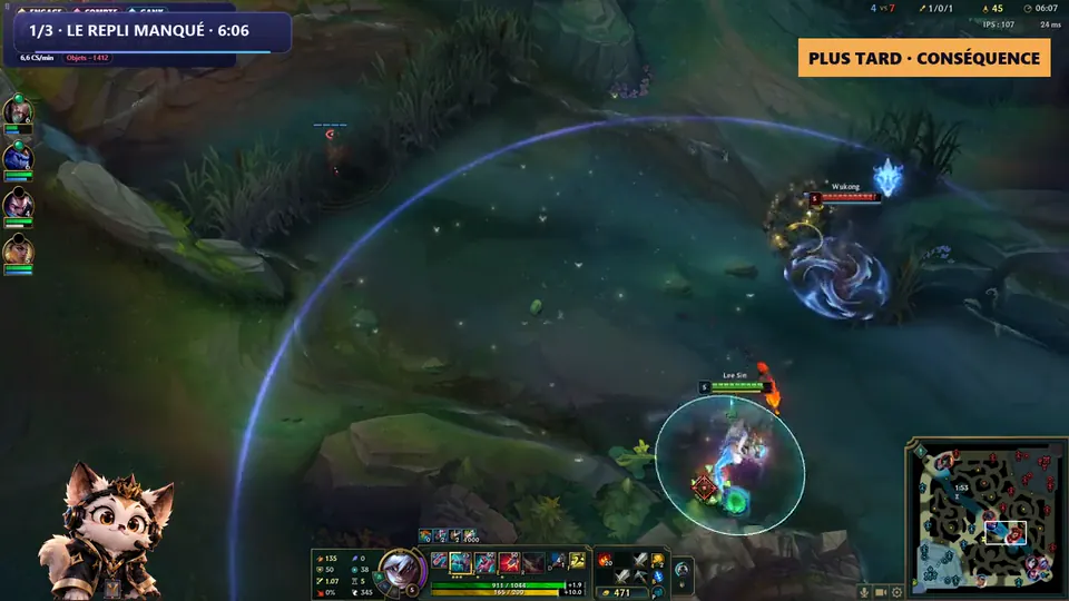 Real frame: Wukong catches Lee Sin, the badge “Plus tard · conséquence”.